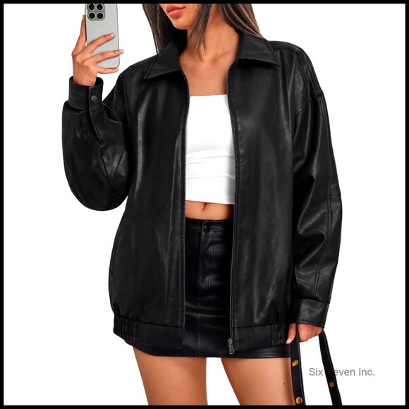 Oversized Faux Leather Bomber Moto Jacket Long Sleeve Zipper Front Side